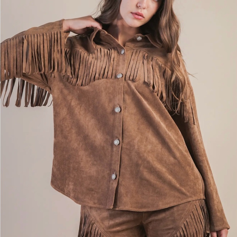 Suede Fringe Detail Western Jacket Shacket - Picture 2 of 6